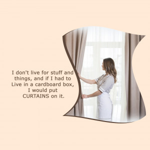 Woman standing near curtains with a quote about simple living.