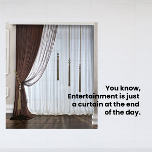 Close-up of brown and white curtains with a motivational quote overlayed