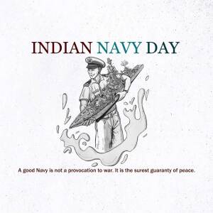 Illustration of an Indian Navy officer with naval ships and a quote about peace.