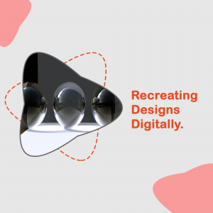 Abstract image of a digital design recreation with chrome spheres and a dashed outline.