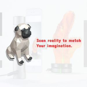 A polygonal pug appearing to emerge from a smartphone screen using augmented reality.