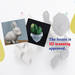 A collage featuring 3D printed objects, a robot, and text about 3D scanning.
