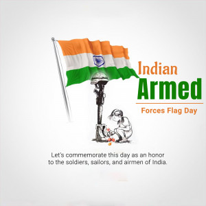 Image depicting the Indian flag waving over a military helmet and a soldier silhouette, commemorating Armed Forces Flag Day.