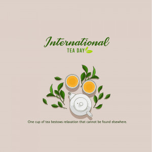 Illustration for International Tea Day featuring tea leaves, cups, and a teapot.