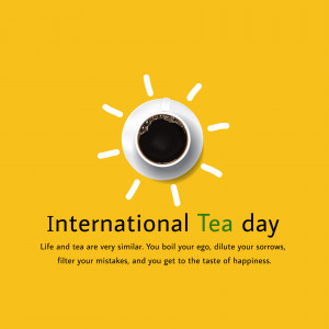 A cup of coffee with a sun graphic and text celebrating International Tea Day.