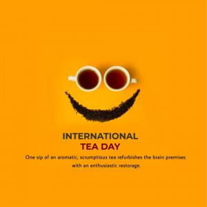 Image depicting a smiling face made of tea cups and tea leaves with the text 'International Tea Day'