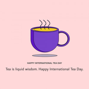 Illustration of a purple mug of tea with steam rising, celebrating International Tea Day.