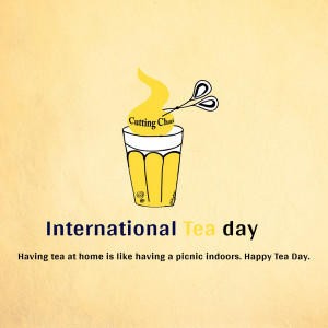 Image depicting a glass of tea with scissors and the text 'International Tea Day'