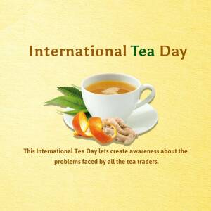 Image celebrating International Tea Day with a cup of tea and tea leaves
