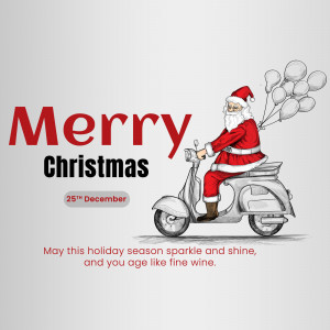 Santa Claus riding a scooter with balloons, wishing Merry Christmas