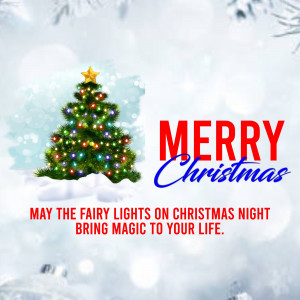 A decorated Christmas tree with the text 'Merry Christmas' and a festive message.