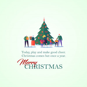 Illustration of a family celebrating Christmas around a decorated tree.