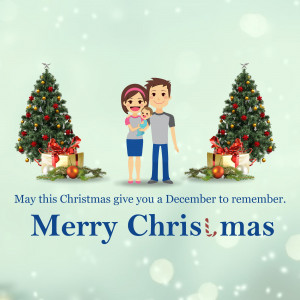 Illustration of a family with Christmas trees and gifts