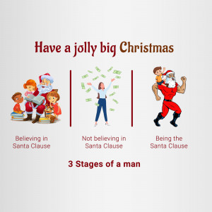 Illustration depicting the stages of believing in Santa Claus, from childhood belief to adulthood.