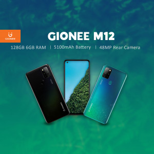 Gionee M12 smartphone with 128GB RAM, 5100mAh battery, and 48MP camera