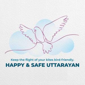Line art illustration of a dove flying in front of a blue cloud with text 'Keep the flight of your kites bird-friendly. HAPPY & SAFE UTTARAYAN'