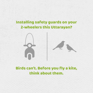Illustration of a motorcycle and birds with a safety message for Uttarayan.