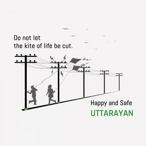 Illustration of people flying kites near power lines with a safety message.
