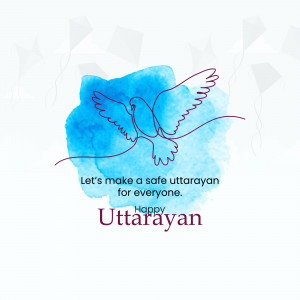 Watercolor illustration of a dove with kites, promoting safe Uttarayan celebrations.