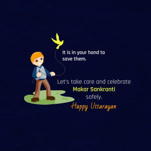 Illustration of a boy flying a kite with Makar Sankranti greetings.