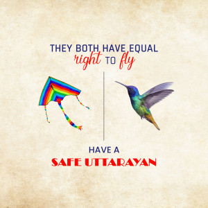 Image depicting a kite and a hummingbird side-by-side with the message 'They both have equal right to fly' and 'Have a Safe Uttarayan'.