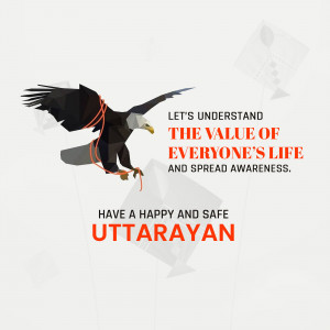 Geometric eagle with kites and text promoting safety during Uttarayan