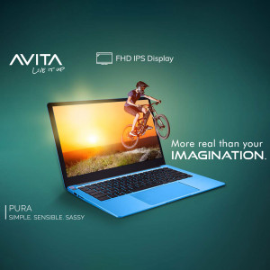 Avita laptop showcasing a vibrant display with a cyclist image.