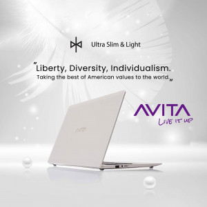Avita ultra slim and light laptop with a white and purple color scheme.