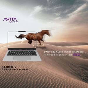 Avita Liber V laptop displaying a galloping horse in a desert landscape.