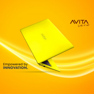 Yellow Avita laptop floating on an orange background