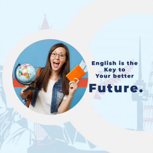 A smiling woman holding a globe and a passport with text promoting English language learning.
