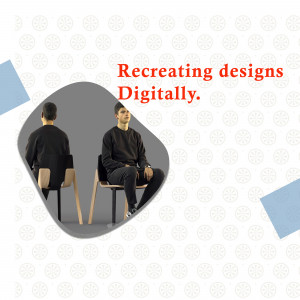 Man sitting on a chair with a digital design background
