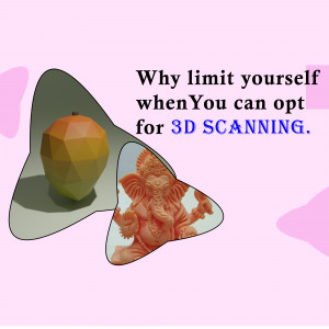 Image showcasing 3D scanning with a polygonal mango and a 3D printed Ganesha idol.