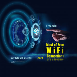 Image depicting a hand interacting with a digital interface promoting free WiFi with a warning about security risks.