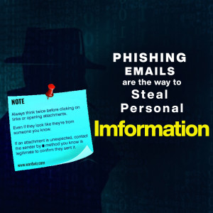 Image depicting a hooded figure and a note warning about phishing emails and stealing personal information.