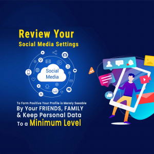 Illustration of a man reviewing social media settings on a phone with a network of social media icons.