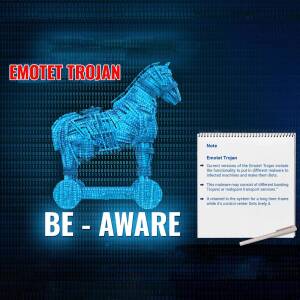 Digital illustration of a Trojan horse made of code, representing the Emotet malware threat.