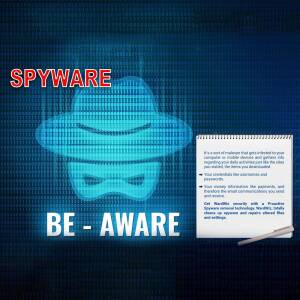 Image depicting a hooded figure and a warning about spyware.