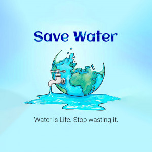 Illustration of a water tap pouring water onto a globe, with the text 'Save Water' and 'Water is Life. Stop wasting it.'