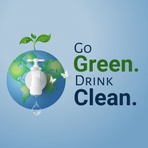 Illustration of a globe with a water tap and a plant, promoting clean water and environmental conservation.