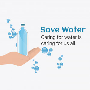 Illustration of a hand holding a water bottle with water droplets and the text 'Save Water'