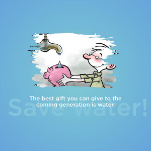 Cartoon illustration of a tap dripping into a piggy bank with a man holding it, promoting water conservation.