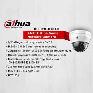 Dahua DH-IPC-D2B40 4MP IR Mini-Dome Network Camera product image