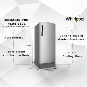 Silver Whirlpool single door refrigerator with product specifications