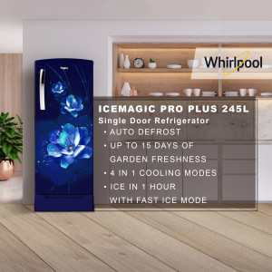 Whirlpool IceMagic Pro Plus 245L Single Door Refrigerator in a modern kitchen setting