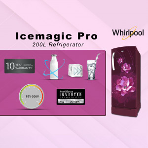 Whirlpool IceMagic Pro 200L Refrigerator with floral design and features