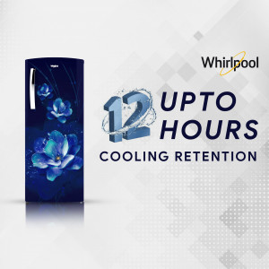 Whirlpool refrigerator with floral design and cooling retention advertisement