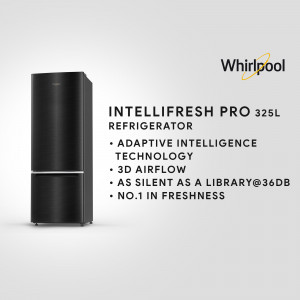 Black Whirlpool Intellifresh Pro 325L Refrigerator with key features listed