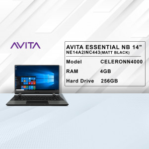 Avita Essential NB 14 inch laptop in matte black with specifications displayed.