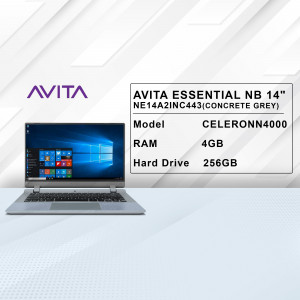 Avita Essential NB 14 inch laptop in concrete grey color with Windows 10 displayed on the screen.